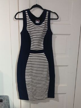 Yoana Baraschi Navy and White Striped Sleeveless Sheath Dress